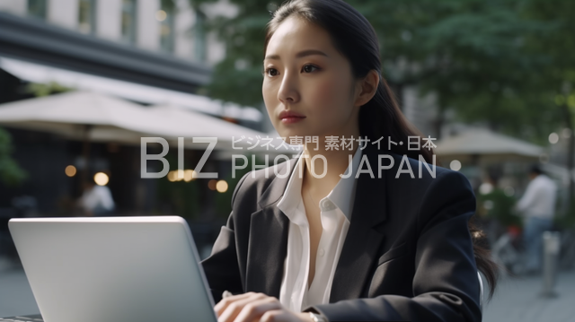 外でパソコンを操作する日本のビジネスウーマンの姿