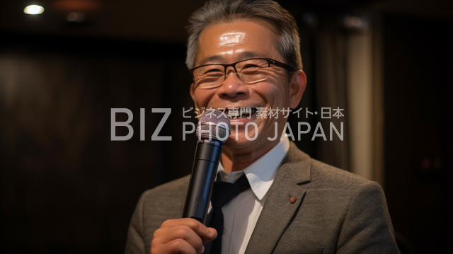 スピーカーがポイントを強調し、笑顔で話す日本のビジネスマン