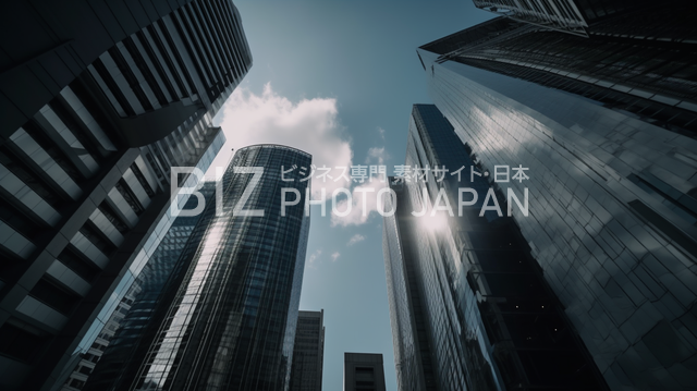 青空を背景にした東京の高層ビル群のグランドスカイショット