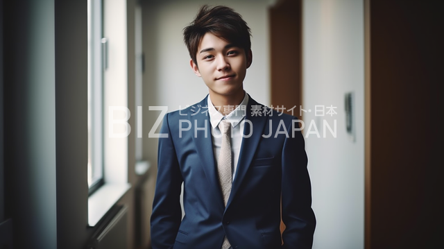 笑顔で立つ日本人男性の全身写真