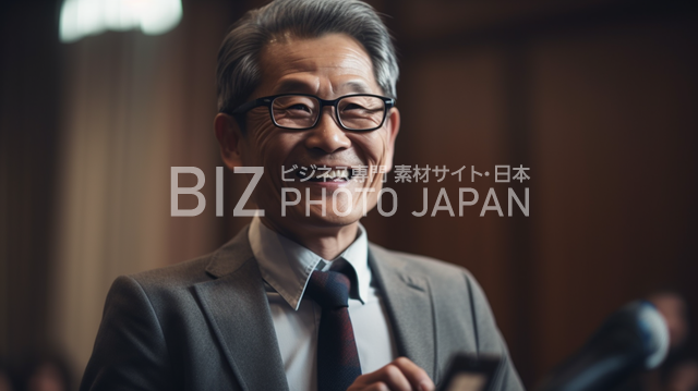 見せかけた笑顔でポイントを強調するスピーカー_日本人ビジネスマン