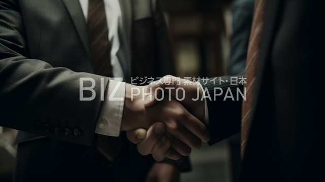 ビジネスシーンで握手する男性たちのクローズアップ写真素材