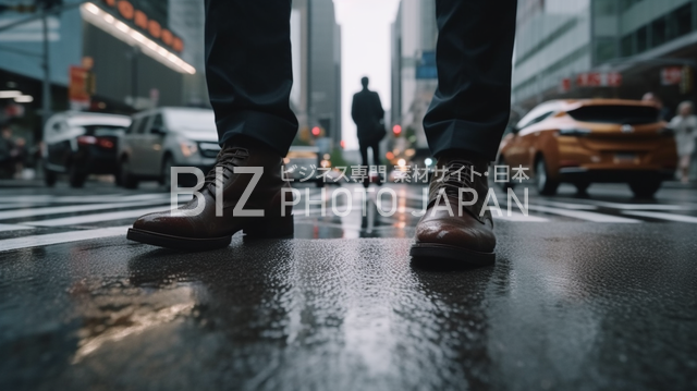 通り過ぎるビジネスマンの足元のクローズアップ写真素材