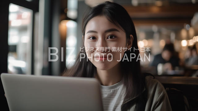 昼間カフェでノートパソコン操作する22歳の日本人女性の