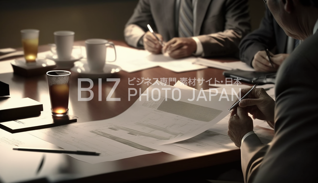 会議室のテーブルで書類を扱う日本人たちの写真素材