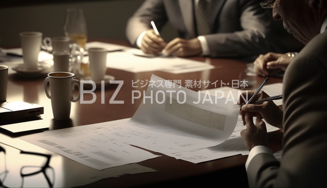 日本人が会議室のテーブルで書類を扱うシーン