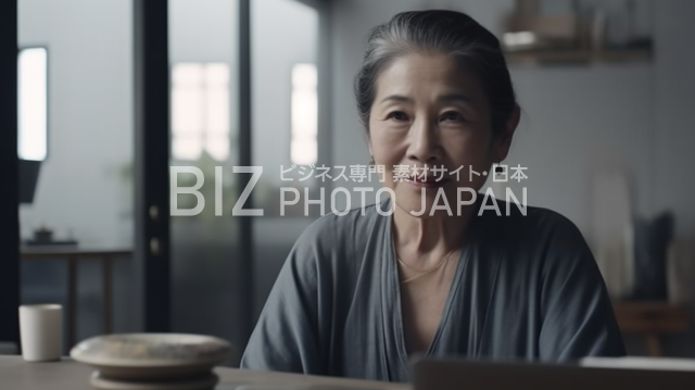 日本の主婦がラップトップコンピュータを操作する様子