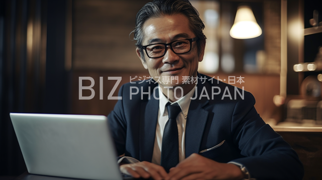笑顔の日本人男性がラップトップを操作する様子