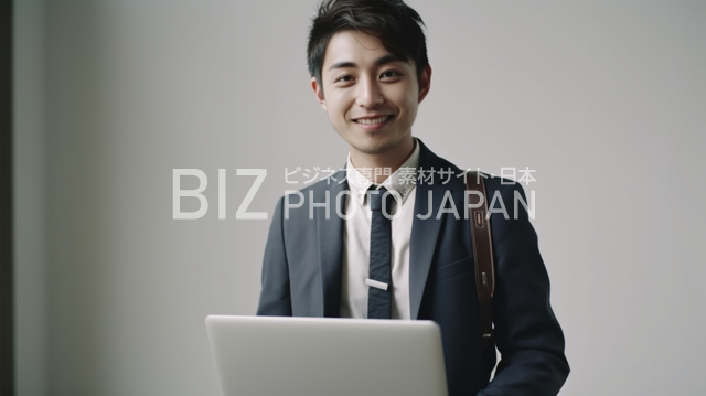 スーツを着た笑顔の日本人男性の全身