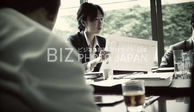日本人が会議室のテーブルで書類を扱う様子