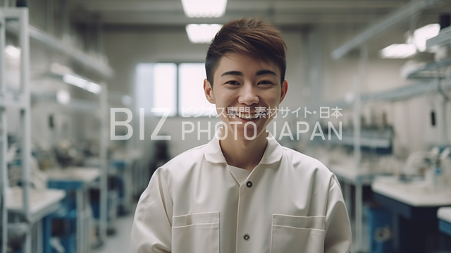 縫製工場で白い制服を着た20代の日本人男性作業員