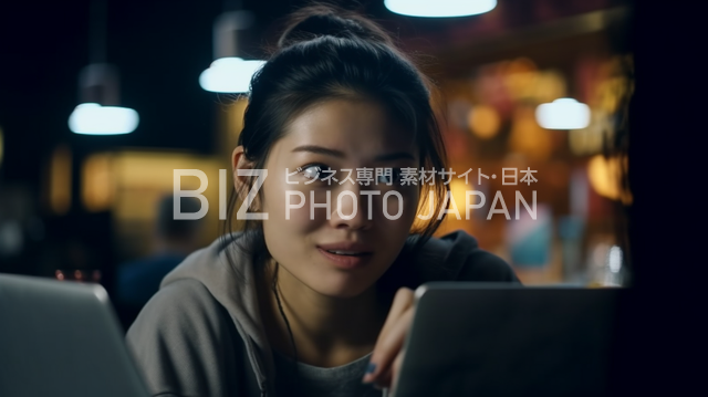 22歳の独身の日本人女性がラップトップを操作している