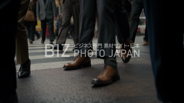 渋谷を通り過ぎるビジネスマンの足元のクローズアップ