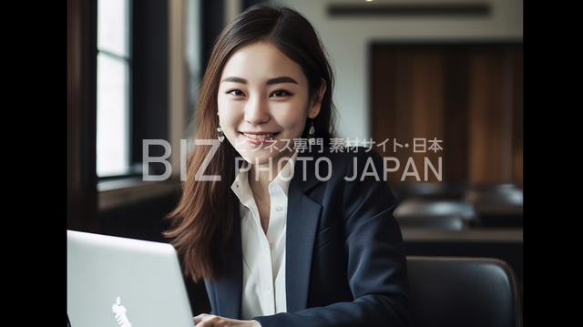 歯を見せて笑う日本人女性がラップトップを操作している