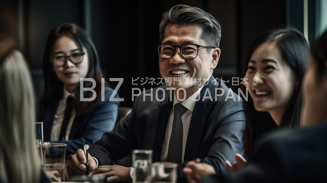 笑顔の日本人がグループディスカッションに参加しているビジネス