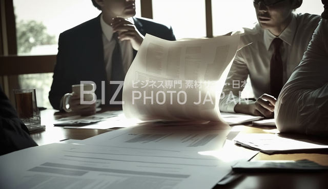 会議室のテーブルで書類を扱っている日本人たち