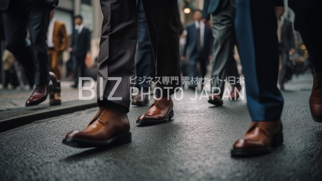 渋谷の通りを通るビジネスマンの足元のクローズアップ