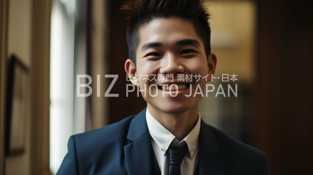 立って笑顔を見せる日本人男性です