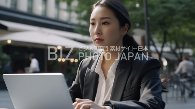 外でパソコンを操作している日本人女性です
