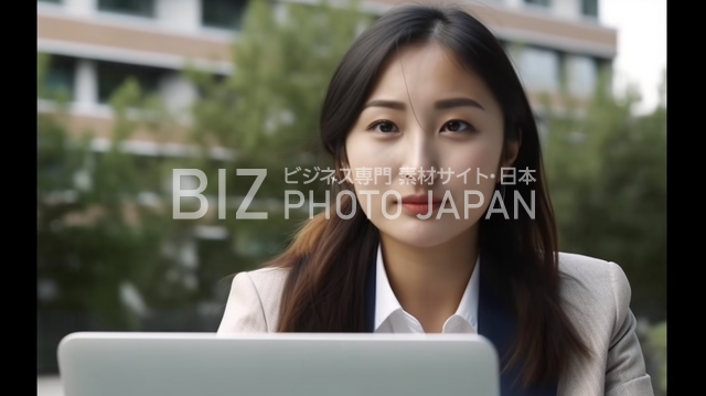 屋外でラップトップを操作する日本人ビジネスウーマン
