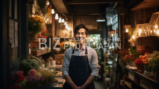 明るい花屋で働く日本人男性のポートレート