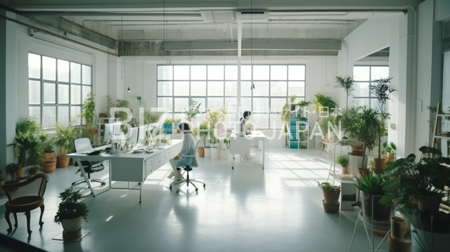 白い内装の明るいオフィスで働く日本人の様子