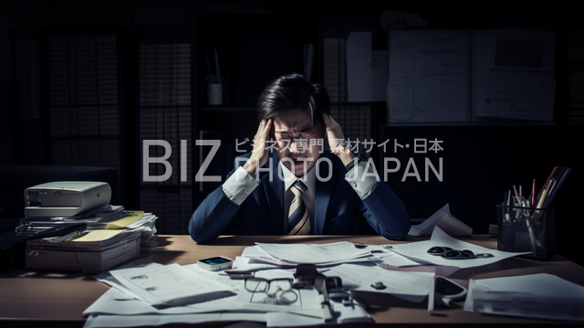 ストレスやフラストレーションを感じる日本人のビジネス写真