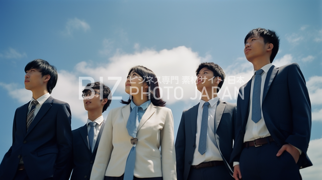 スーツとネクタイを着た若い男女5人が笑顔で話している写真