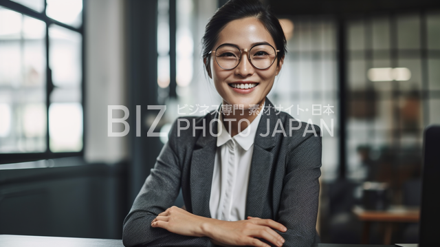 で笑顔でパソコンを操作する日本人女性の写真