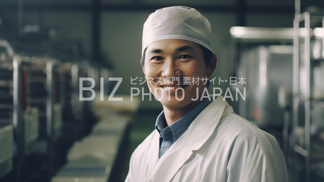 衛生管理のため白い帽子とユニフォーム（白衣）を着た20代の日本人男性