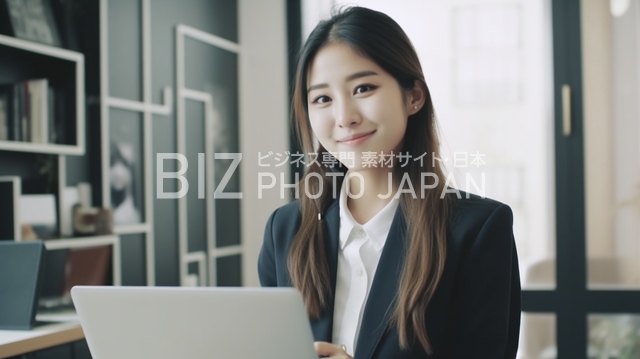 笑顔でパソコンを操作する日本人女性の