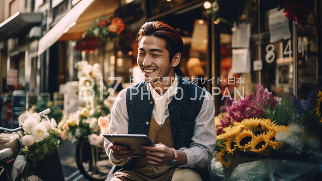20代の日本人男性が明るい笑顔で路上の花屋を営む写真