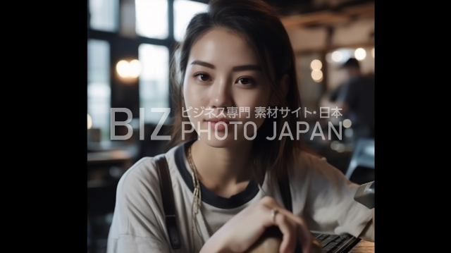 カフェで昼間にラップトップを操作する22歳の日本人女性