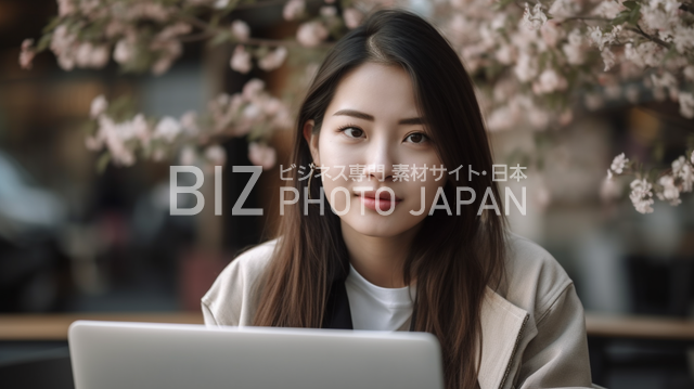22歳の日本人女性が屋外でノートパソコンを操作する様子