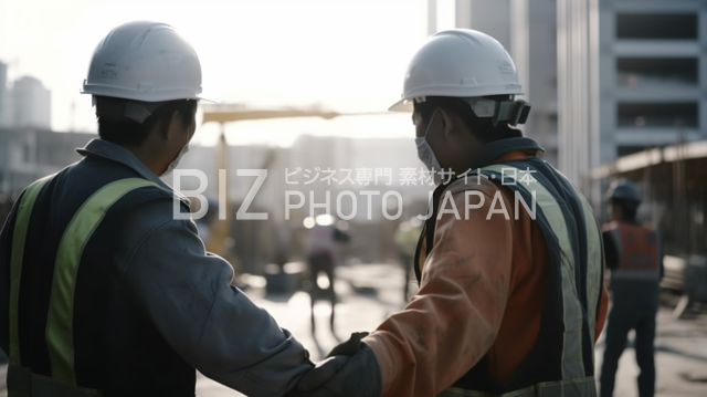 都市の背景に向かって握手する建設作業員素材