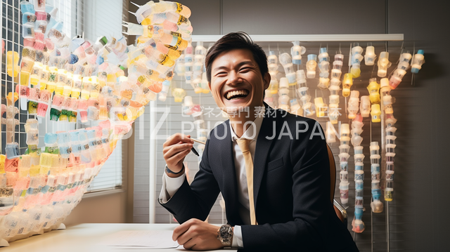 アイデア出しをする日本人ビジネスマンのポートレート