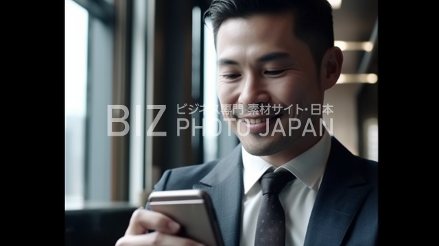 笑顔で見つめるビジネスマンの写真