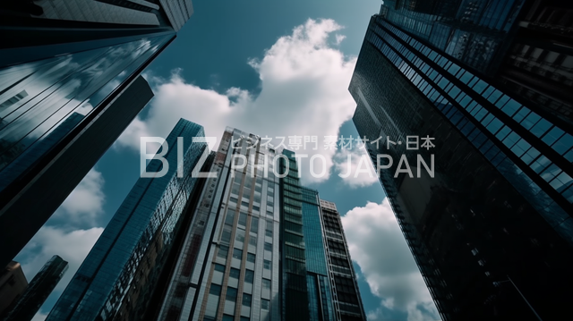 青い空に東京の高層ビルを撮影した地上空撮
