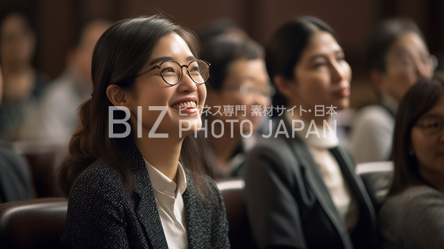 聴衆が熱心に聴く中、日本人が歯を見せて微笑む