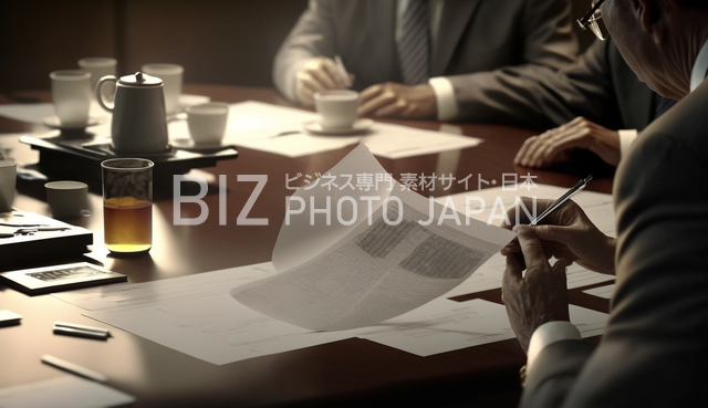 書類を扱う日本人たちがボードルームのテーブルで作業する