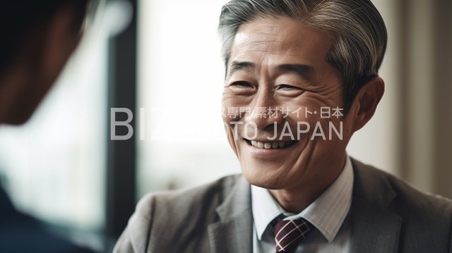 日本人男性が横向きに座り、歯を見せて微笑む
