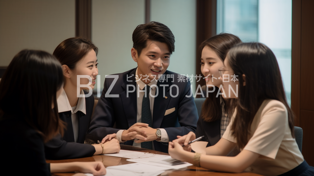 グループで話し合いをする、笑顔の日本人たちの写真
