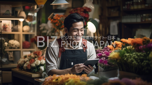 花屋で働く笑顔の日本人男性がiPadで注文受注処理