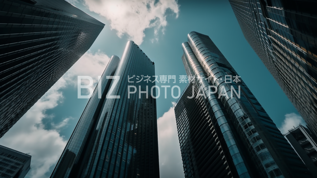 東京の高層ビル群のグラウンドスカイショット