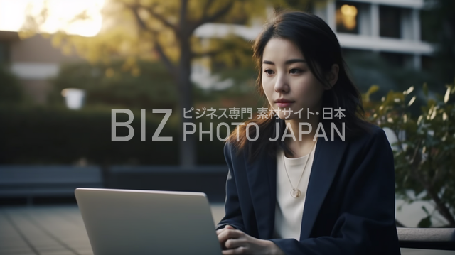 屋外でラップトップコンピューターを操作する日本のビジネスウーマン