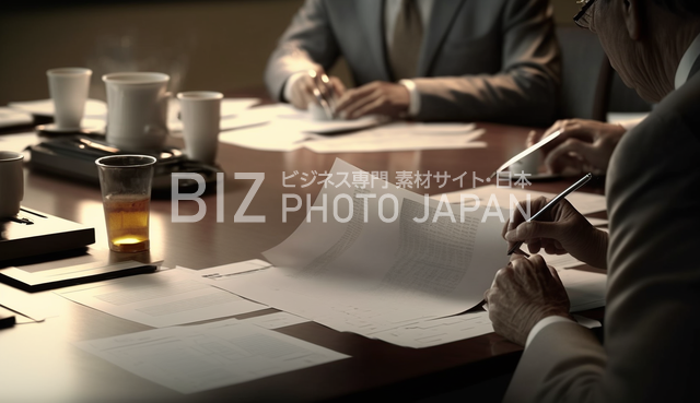 会議室のテーブルで書類を扱う日本人たち