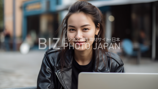 屋外でパソコンを操作する22歳の日本人女性の
