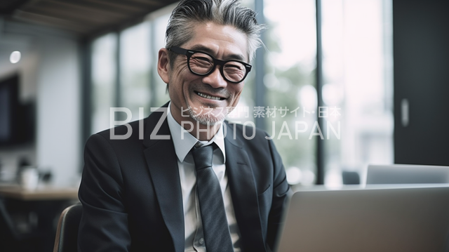 ノートパソコンに向かうにっこり笑う日本人男性