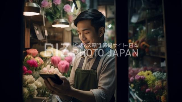 明るい花屋の日本人男性