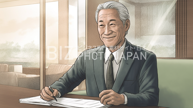 明るいホテルロビーの日本人ビジネスマン